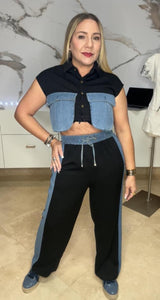 Contrast Denim Pant Set